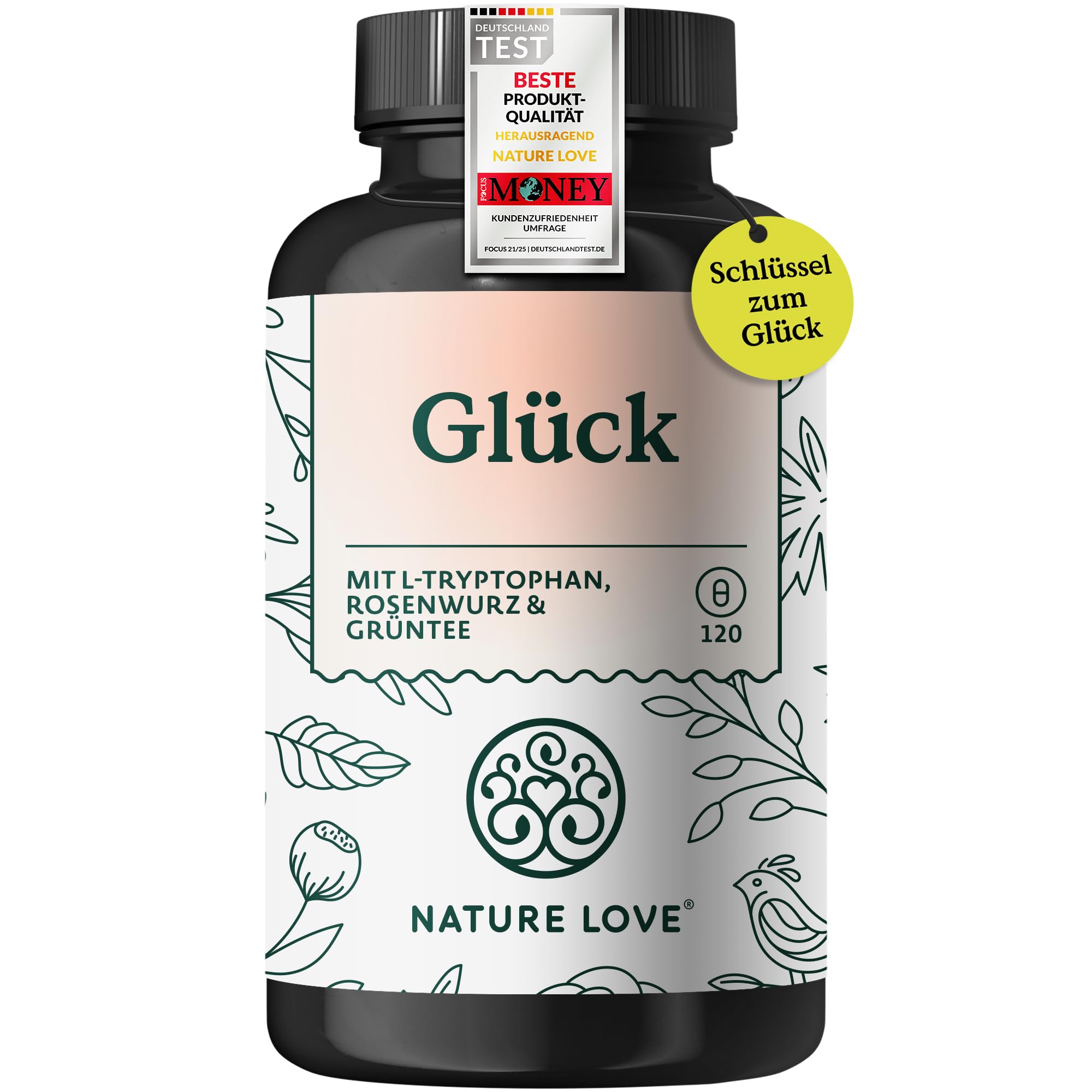 NATURE LOVE® Glück mit Rhodiola Rosea-Extrakt - Für Stress-Resistente Psychen* – 120 Kapseln mit B-Vitaminen und Folsäur