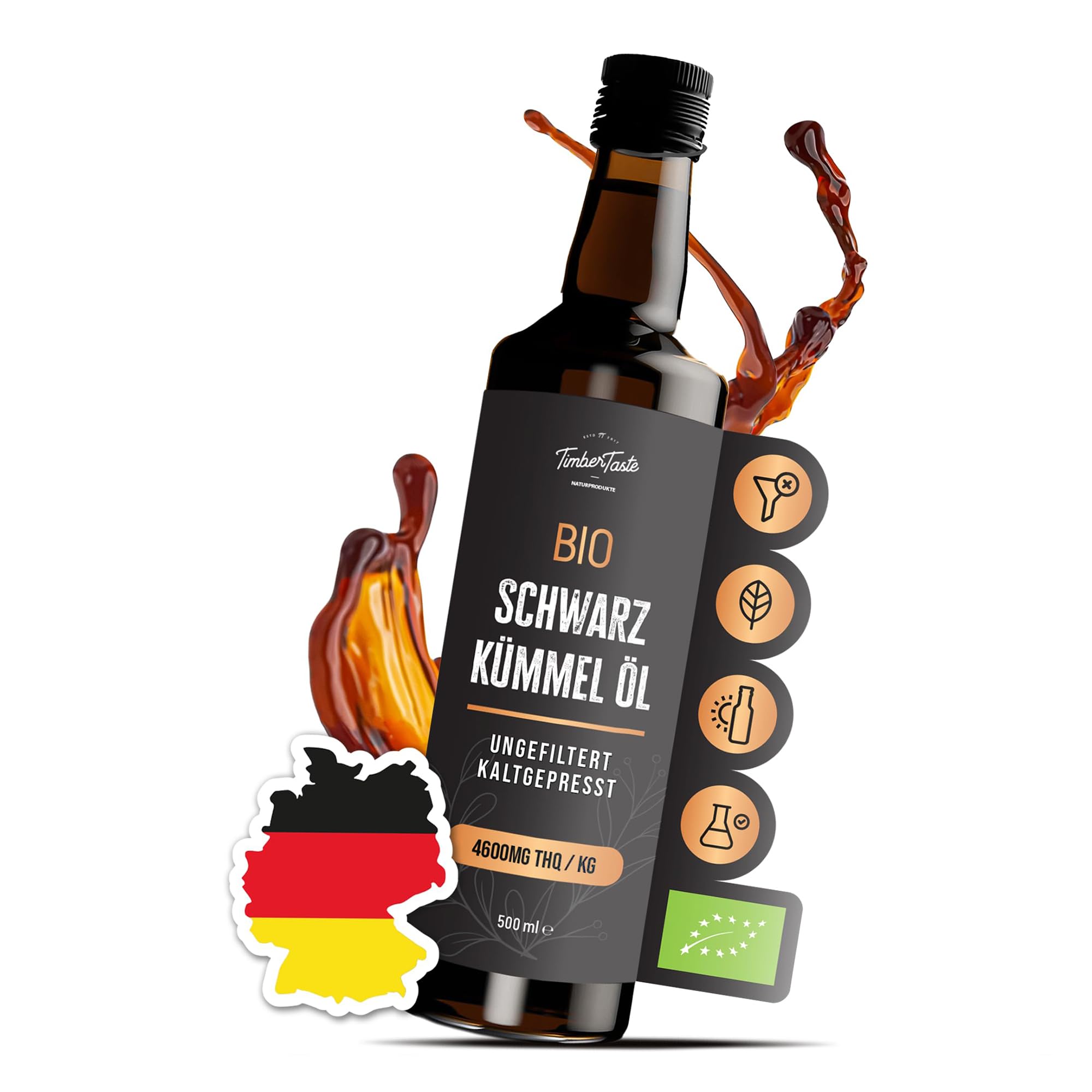 Schwarzkümmelöl Bio kaltgepresst ungefiltert - Haftet EU-Ordnung, keto & vegan, 500ml - Hoher Thymochinongehalt (4600 mg