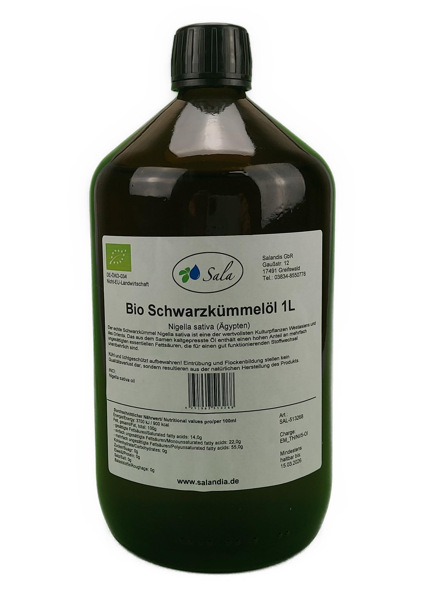 Sala Schwarzkümmelöl kaltgepresst BIO für Gesundheitsbewusste in EU Organic 1 L Glasflasche  
Sala Schwarzkümmelöl kaltg