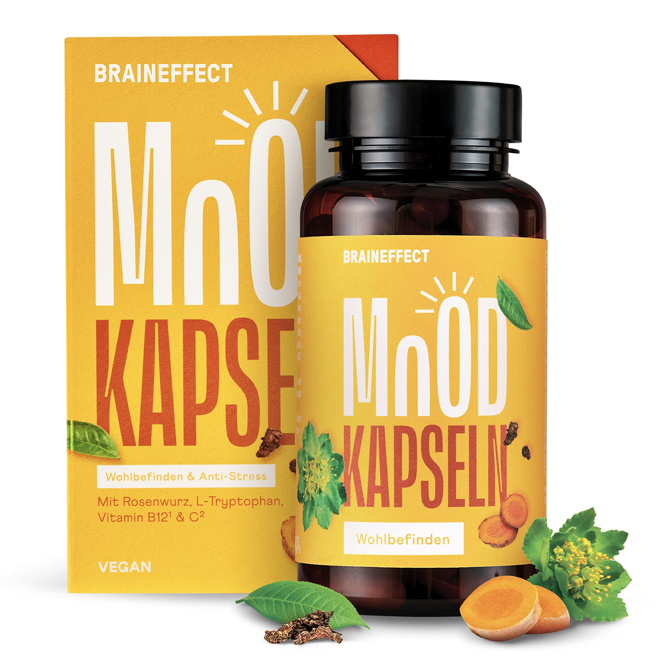 BRAINEFFECT MOOD L-Tryptophan & Vitamin D Gute Laune Kapseln [90 Stück] +15 Glückshormone Zutaten